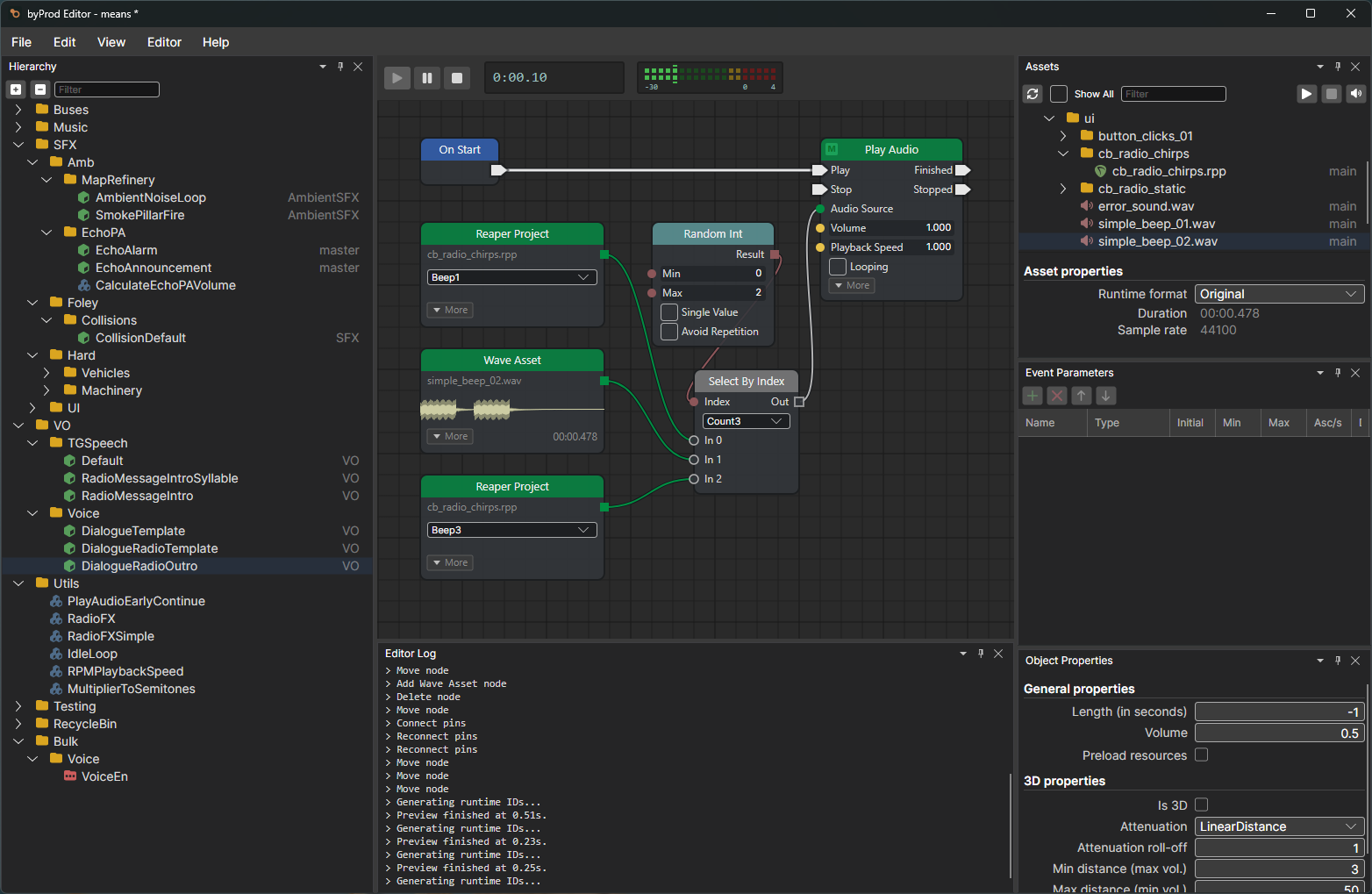 The byProd editor showing a sound event node graph